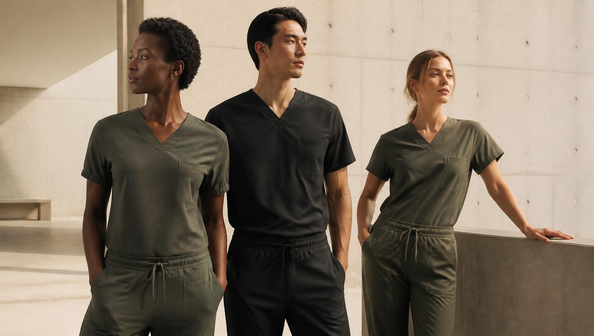 Three healthcare professionals wearing tailored RYNE scrubs